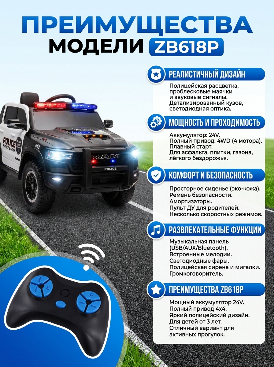 картинка Детский электромобиль Полиция Dodge RAM 1500 24V 4WD - ZB618P 
