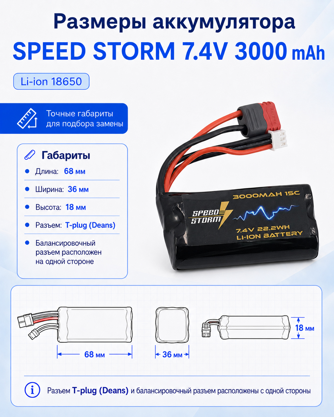 картинка Аккумулятор Speed Storm Li-ion 18650 7.4V 3000 mAh разъем T-plug (Deans) - SS-2S3000-D 