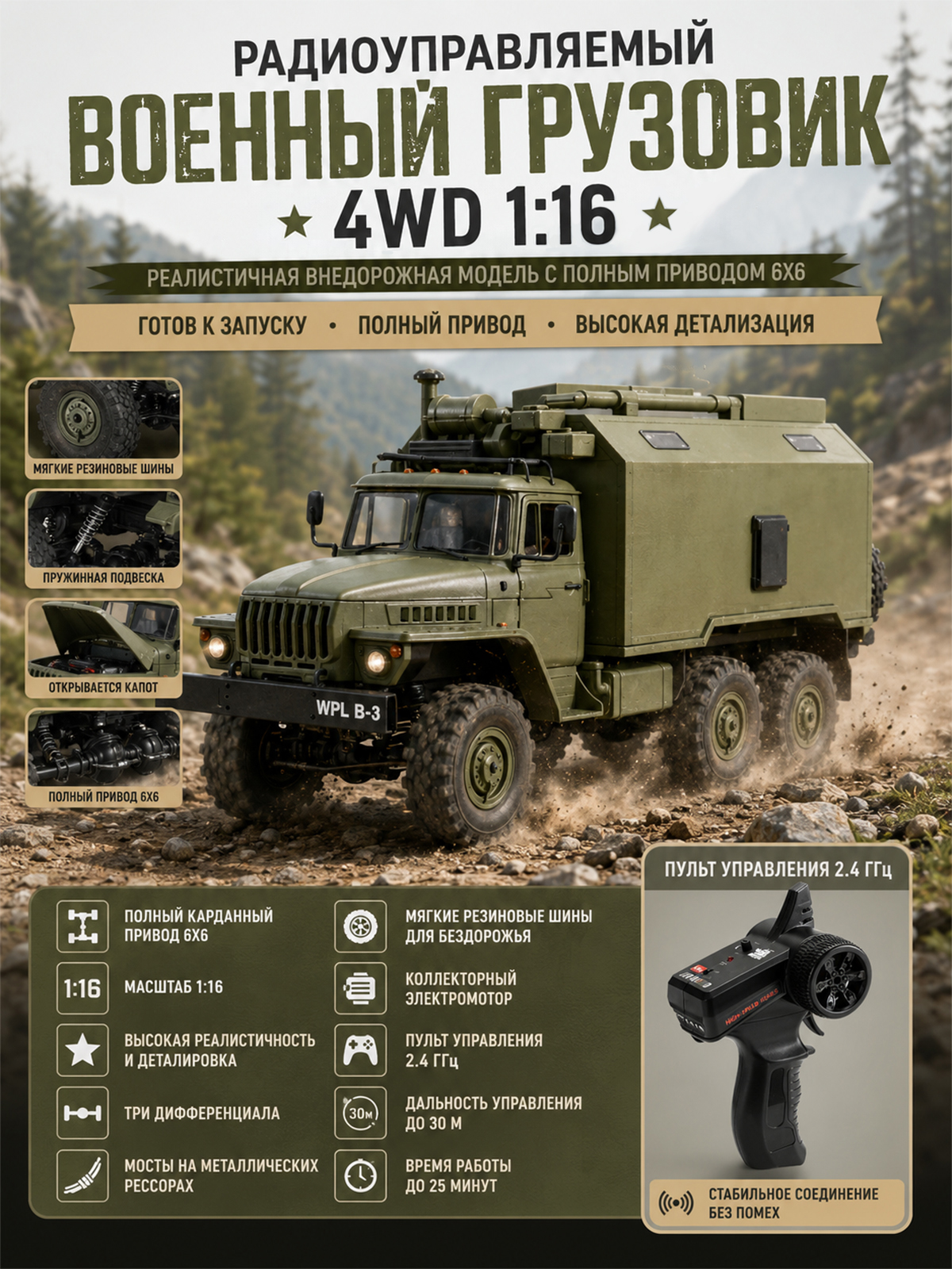 картинка Радиоуправляемый внедорожник WPL Советский военный грузовик 4WD 1:16 2.4G - WPLB-36 