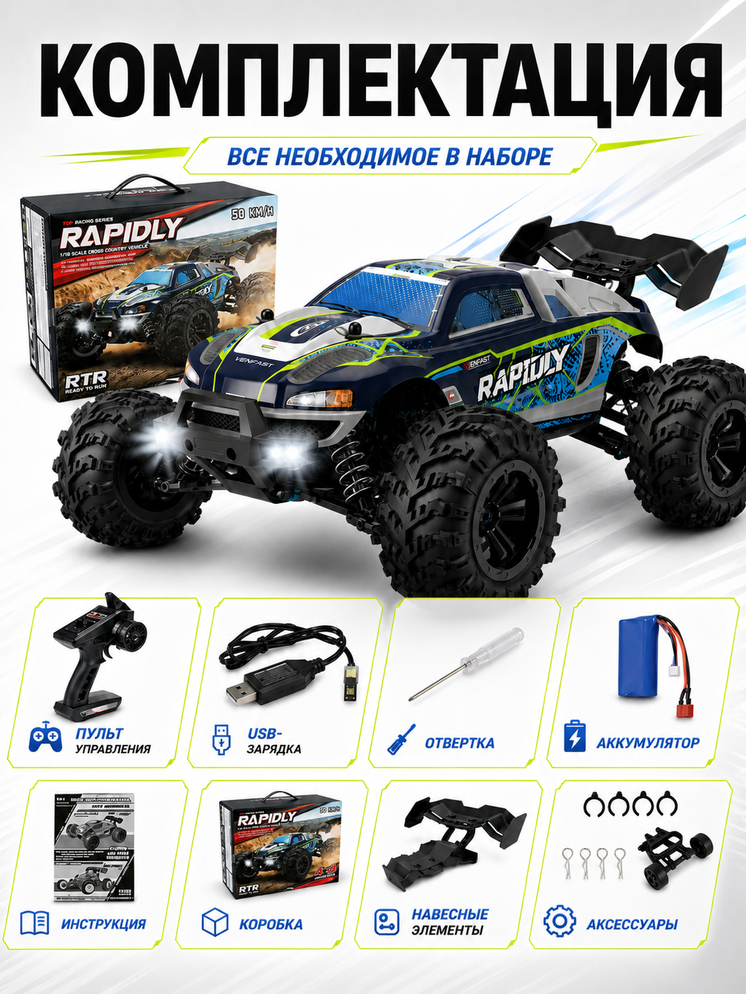 картинка Радиоуправляемый внедорожник Rapidly 4WD 1:16 - SCY-16101-BLUE 
