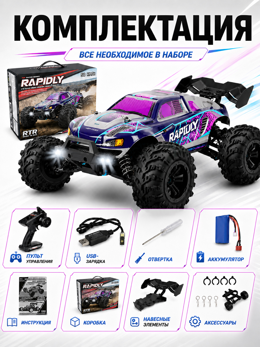 картинка Радиоуправляемый внедорожник Rapidly 4WD 1:16 - SCY-16101-PURPLE 