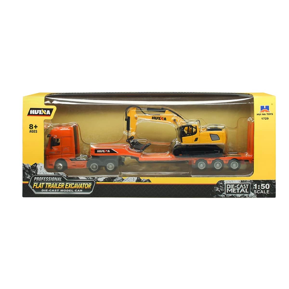 картинка Металлический грузовик трейлер с экскаватором HUINA 1:50 - HN1729-ORANGE 