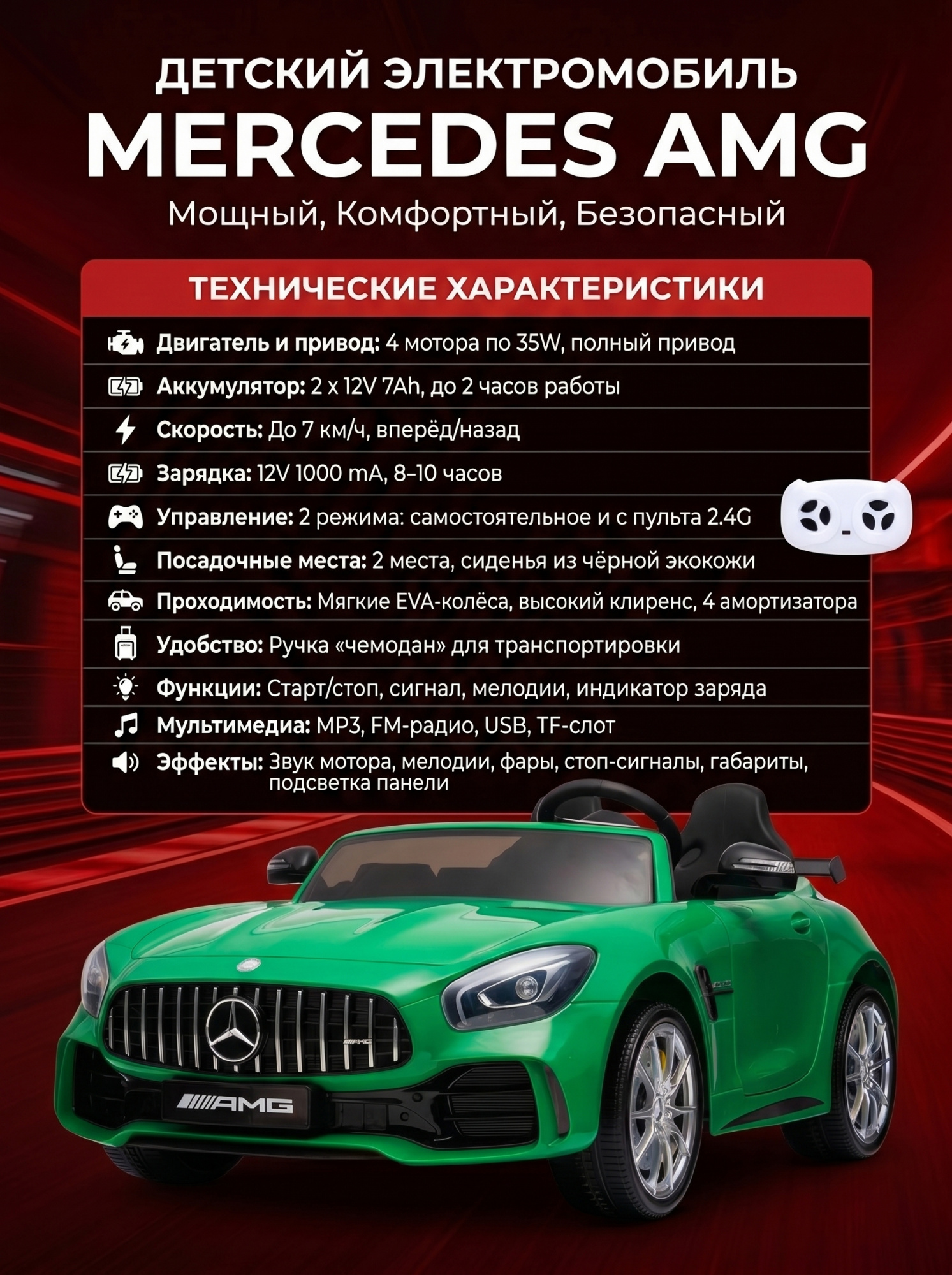 картинка Электромобиль Mercedes-Benz GT R (зеленый, 4WD, 12V) - HL289-GREEN 