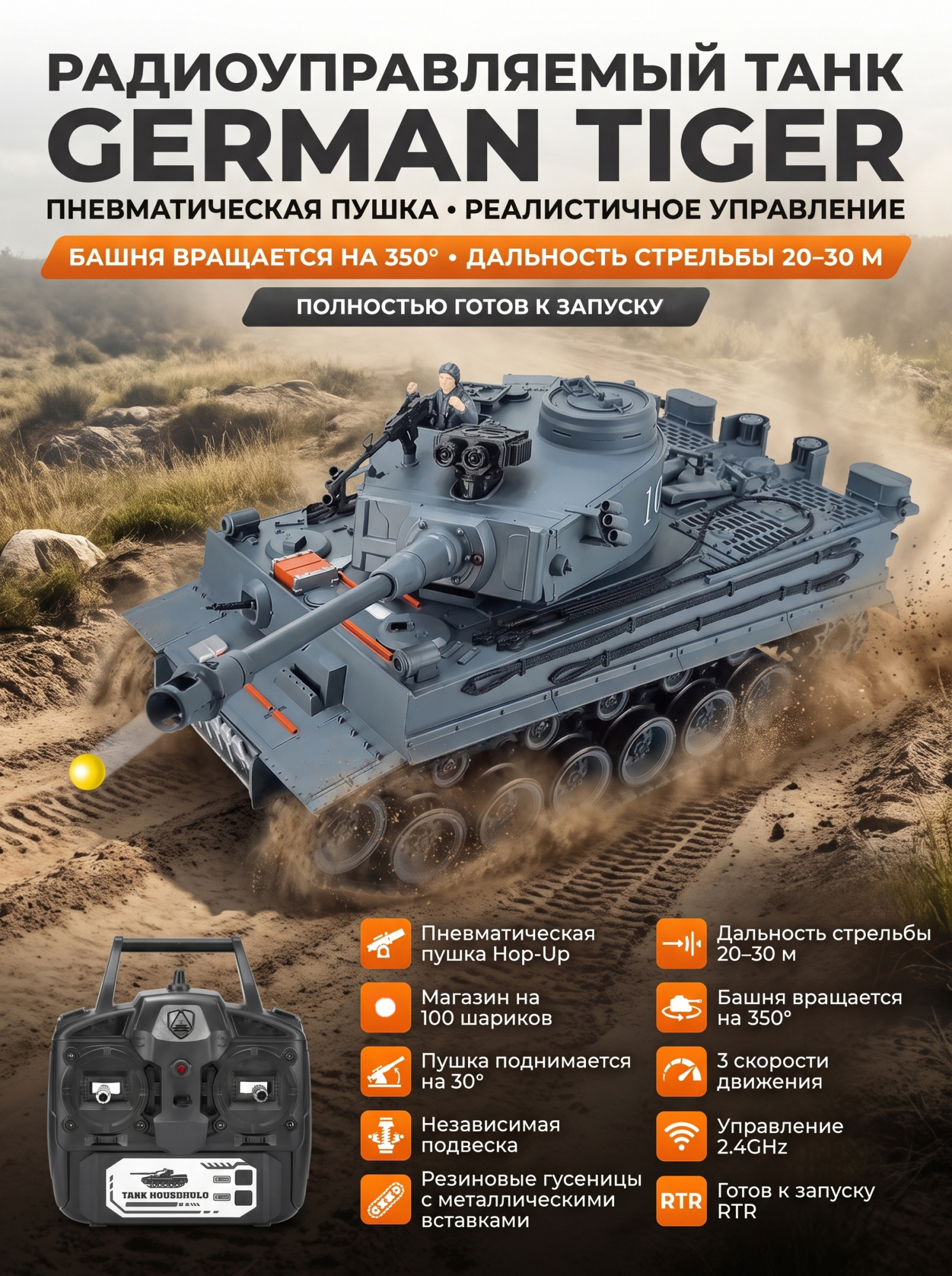 картинка Радиоуправляемый танк R-WINGS German Tiger - RWG021-812 