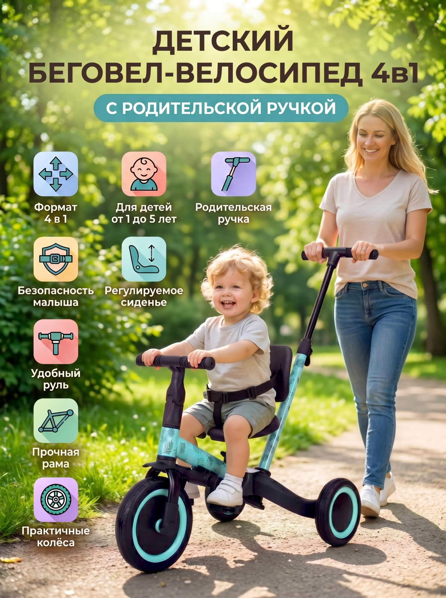 картинка Детский беговел-велосипед 4в1 с родительской ручкой, зеленый с рисунком - TR007-CYAN-PAINT 