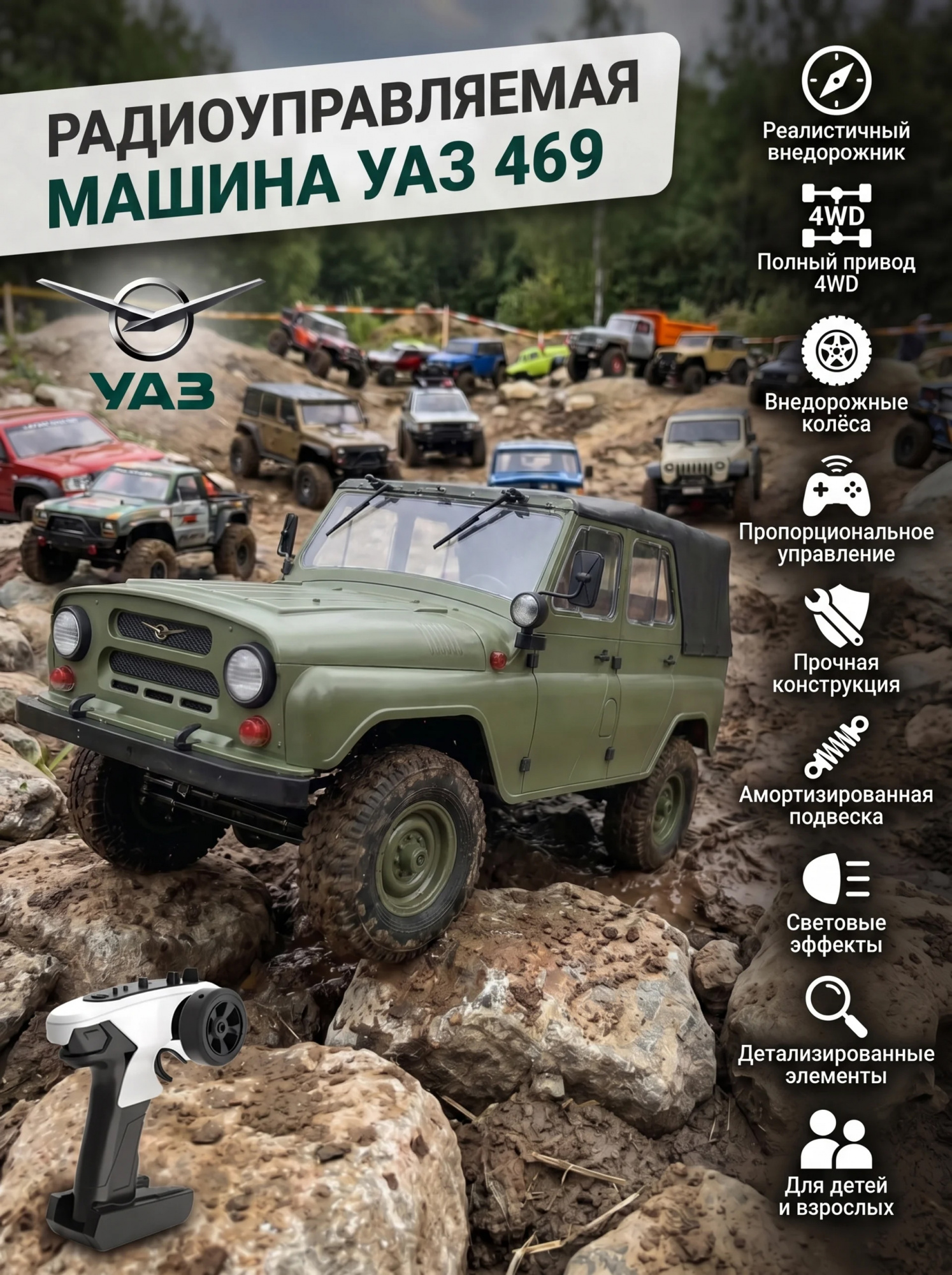 картинка Радиоуправляемая машина УАЗ 469 зеленый 1:12 - WPLC94-GREEN 